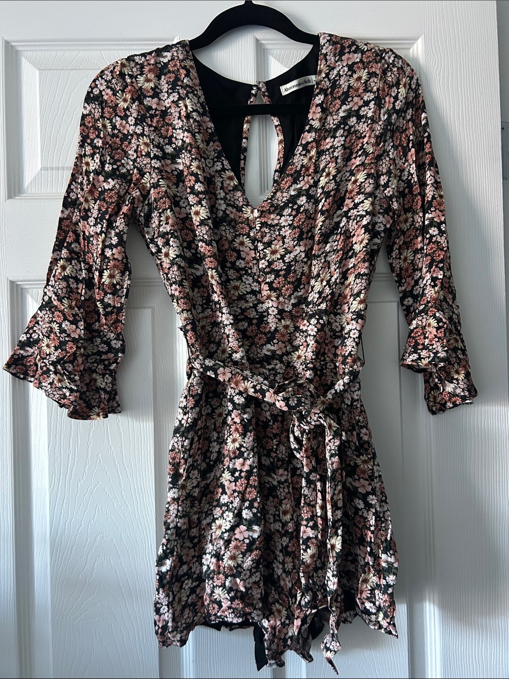 Abercrombie & Fitch Black Floral Tie-Waist Romper with Pink and Cream Blossoms